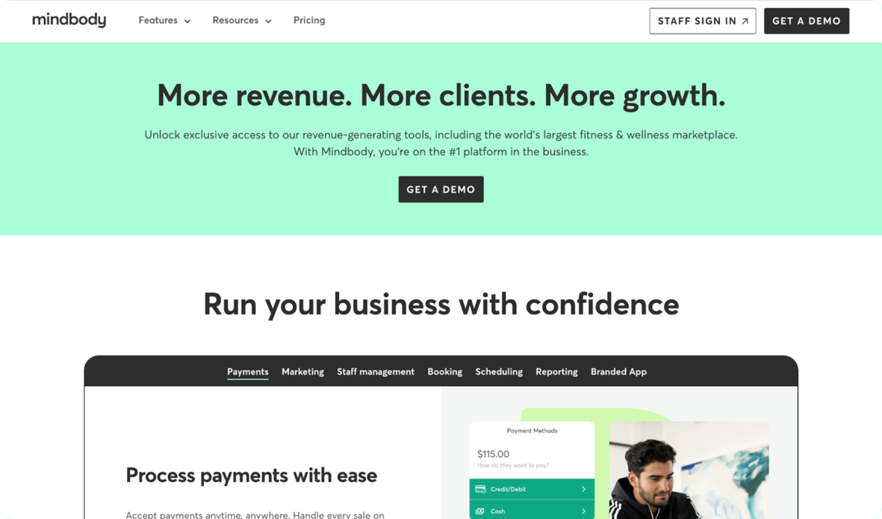 Screenshot of Mindbody's homepage